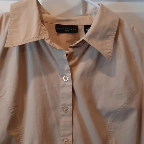 Apostrophe 3/4 Sleeve Tan Colored Button Down Shirt size Petite Large - Picture 4 of 7